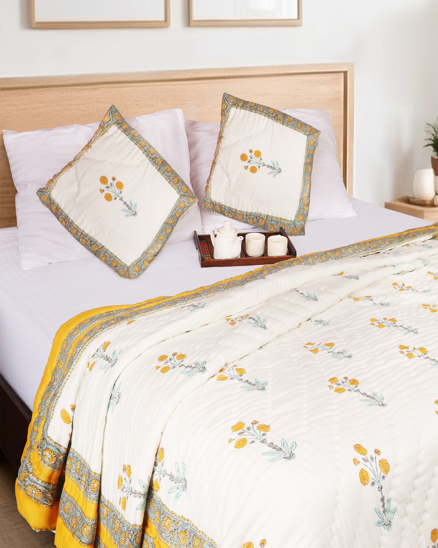 White Hand Block Printed Reversible Double Bed Quilt Set with Hand Quilting